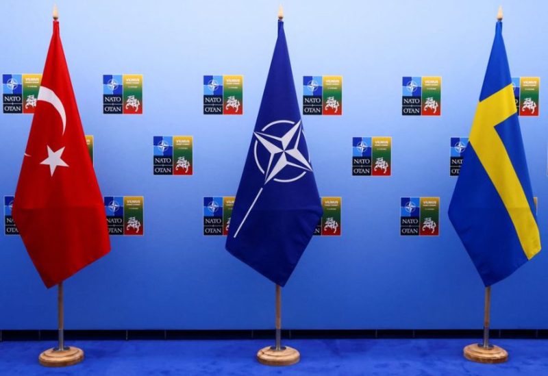 Turkish, NATO and Swedish flags stand on the day of a meeting between Turkish President Tayyip Erdogan and Swedish Prime Minister Ulf Kristersson on the eve of a NATO summit, in Vilnius, Lithuania July 10, 2023