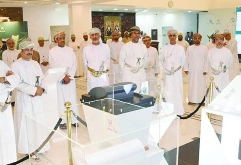 Omani Ministers of Interior and Information at the opening of an exhibition to present the voting stages for members of the Shura Council in Oman