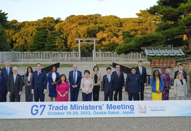 Participants including Japan's Minister of Economy, Trade and Industry Yasutoshi Nishimura and Foreign Minister Yoko Kamikawa pose during a family photo session at the G7 Trade Ministers' Meeting at Daisen-ryo Kofun (Tomb of Emperor Nintoku) in Sakai, Osaka prefecture, Japan October 28, 2023, in this photo taken by Kyodo. Mandatory credit Kyodo/via REUTERS ATTENTION EDITORS - THIS IMAGE HAS BEEN SUPPLIED BY A THIRD PARTY. MANDATORY CREDIT. JAPAN OUT. NO COMMERCIAL OR EDITORIAL SALES IN JAPAN.
