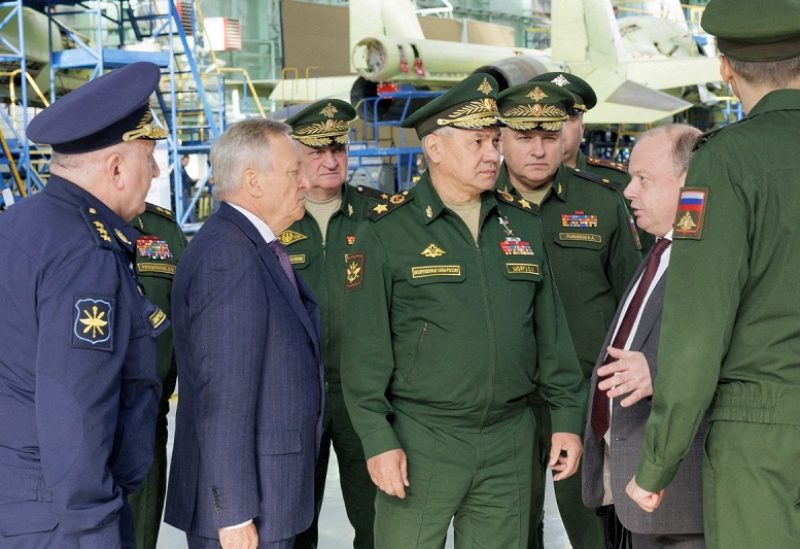 FILE PHOTO: Russian Defence Minister Sergei Shoigu visits the Novosibirsk Aviation Plant in the city of Novosibirsk, Russia, in this picture published October 6, 2023. Russian Defence Ministry/Handout via REUTERS ATTENTION EDITORS - THIS IMAGE WAS PROVIDED BY A THIRD PARTY. NO RESALES. NO ARCHIVES. MANDATORY CREDIT./File Photo