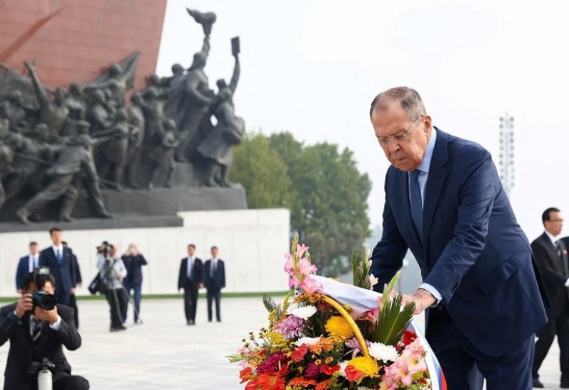 Russian Foreign Minister Sergei Lavrov attends a wreath laying ceremony in Pyongyang, North Korea, October 19, 2023. Russian Foreign Ministry/Handout via REUTERS ATTENTION EDITORS - THIS IMAGE WAS PROVIDED BY A THIRD PARTY. NO RESALES. NO ARCHIVES. MANDATORY CREDIT.