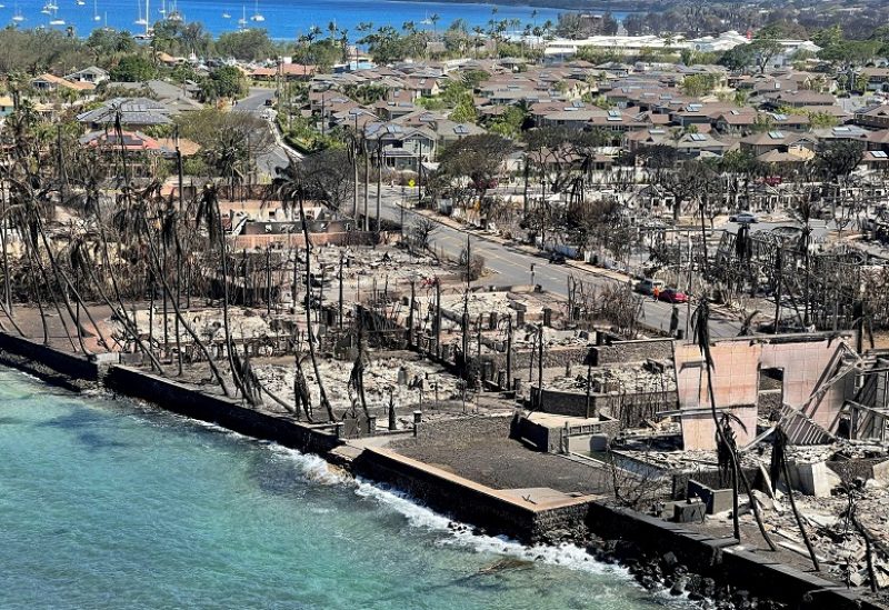 FILE PHOTO: The shells of burned houses and buildings are left after wildfires driven by high winds burned across most of the town in Lahaina, Maui, Hawaii, U.S. August 11, 2023. Hawai'i Department of Land and Natural Resources/Handout via REUTERS/File Photo