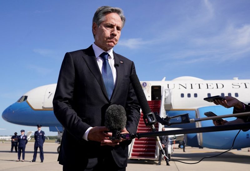 U.S. Secretary of State Antony Blinken speaks to reporters before boarding a plane, Wednesday Oct. 11, 2023, at Andrews Air Force Base, Md., en route to Israel. Jacquelyn Martin/Pool via REUTERS