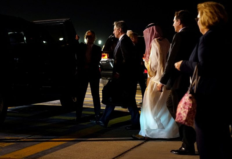 U.S. Secretary of State Antony Blinken walks to his motorcade vehicle as he arrives in Riyadh, Saudi Arabia, October 13, 2023 after stops in Jordan, Qatar, and Bahrain in the same day. Jacquelyn Martin/Pool via REUTERS