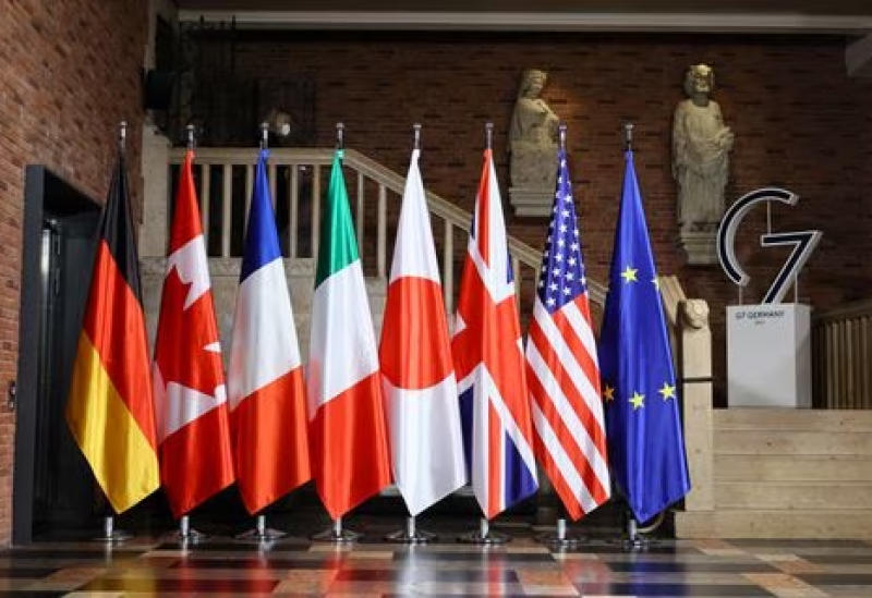 Flags are pictured during the first working session of G-7 foreign ministers in Muenster, Germany, November 3, 2022. REUTERS/Wolfgang Rattay/Pool/File Photo