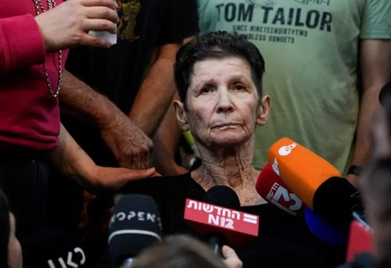 Yocheved Lifshitz, 85, who was held hostage in Gaza after being abducted during Hamas' bloody Oct. 7 attack on Israel, speaks to members of the press a day after being released by Hamas militants, at Ichilov Hospital in Tel Aviv, Israel, Tuesday, Oct. 24, 2023. (AP)