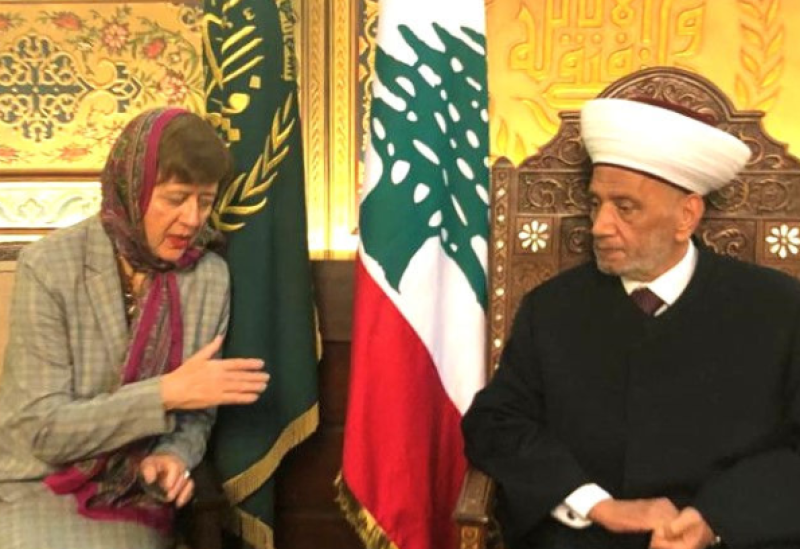 Grand Mufti of the Republic, Sheikh Abdel Latif Derian, discusses general situation with UN Special Coordinator for Lebanon, Joanna Wronecka