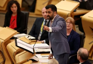 Scotland's First Minister Humza Yousaf attends First Minister's Questions at the Scottish Parliament at Holyrood, in Edinburgh, Scotland, Britain, March 30, 2023. REUTERS