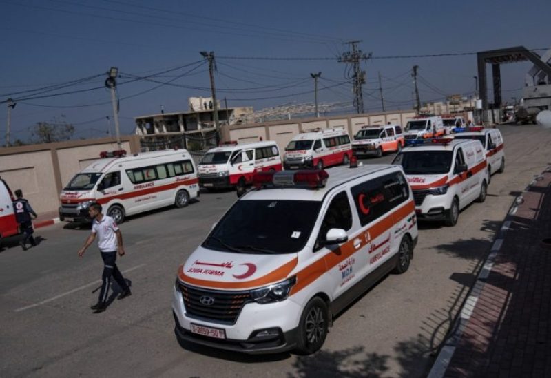 Ambulances with Palestinians wounded in the Israeli bombardment of the Gaza Strip arrive at the Rafah border crossing to Egypt, Nov. 1, 2023. (AP Photo/Fatima Shbair)
