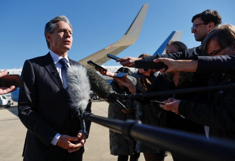 U.S. Secretary of State Antony Blinken speaks to reporters about the war between Israel and Hamas and the situation in Gaza before boarding his aircraft to depart Washington on diplomatic travel to the Middle East and Asia at Joint Base Andrews, Maryland, U.S., November 2, 2023. REUTERS/Jonathan Ernst/Pool