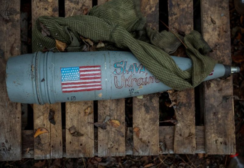 A shell with a painted American flag appears side of a Giatsint-B howitzer at a position near a frontline, amid Russia's attack on Ukraine, at an undisclosed location in Donetsk region, Ukraine, November 4, 2023. REUTERS/Alina Smutko