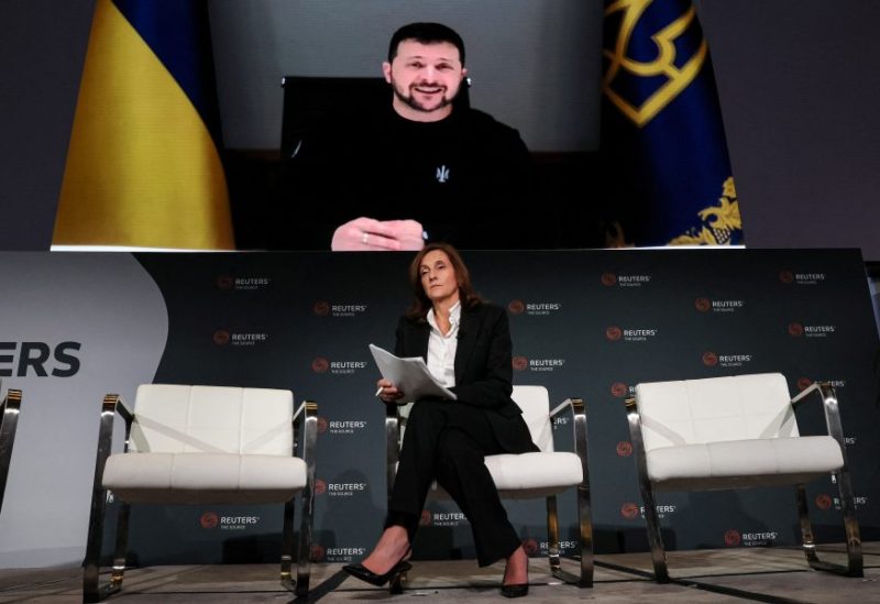 Reuters Editor-in-Chief Alessandra Galloni speaks with Ukraine's President Zelenskiy via video link at the ReutersNEXT Newsmaker event in New York City, New York, U.S., November 8, 2023. REUTERS/Brendan McDermid