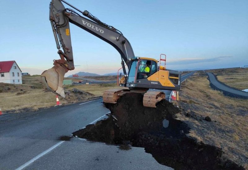 Streetworks continue, after cracks emerged on a road due to volcanic activity near Grindavik, Iceland obtained by Reuters on November 14, 2023. Road Administration of Iceland via Facebook/ Handout via REUTERS
