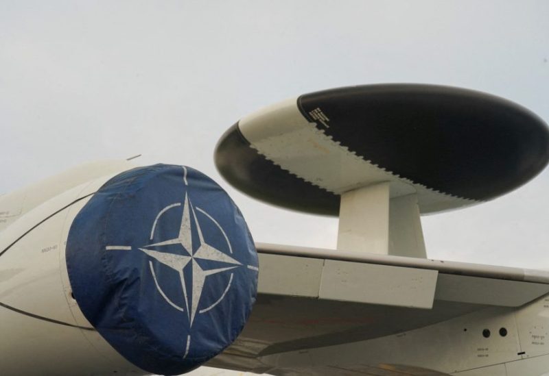 A NATO sign is seen on AWACS (Airborne Warning and Control Systems) aircraft in Siauliai, Lithuania September 30, 2023. REUTERS/Janis Laizans/File Photo