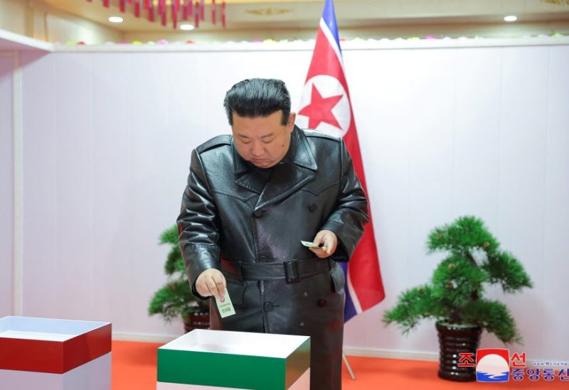 North Korea's leader Kim Jong-un casts his ballot during a local election, in South Hamgyong Province, North Korea, in this picture released on November 27, 2023. KCNA via REUTERS