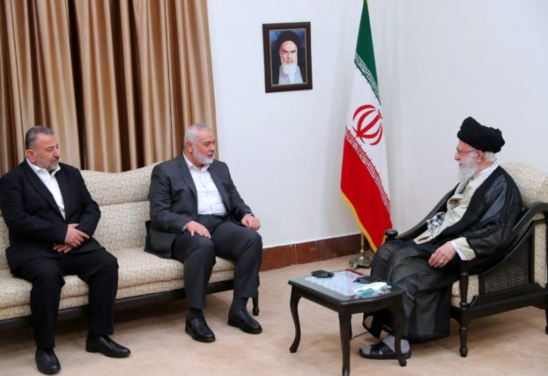 Iran's Supreme Leader Ayatollah Ali Khamenei meets with Palestinian group Hamas' top leader, Ismail Haniyeh, in Tehran, Iran June 21, 2023. Office of the Iranian Supreme Leader/WANA/ File Photo