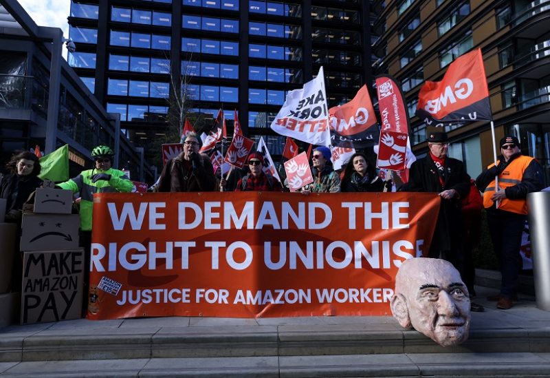 Protestors gather outside the Amazon headquarters during Black Friday in London, Britain, November 24, 2023. Reuters/Hollie Adams