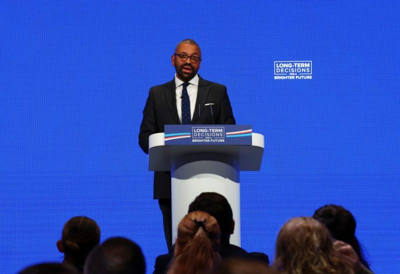 British Foreign Secretary James Cleverly speaks on stage at the Conservative Party's annual conference in Manchester, Britain, October 1, 2023. REUTERS/Hannah McKay/File Photo