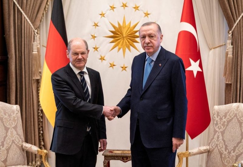 German Chancellor Olaf Scholz meets with Turkey's President Recep Tayyip Erdogan in Ankara, Turkey, March 14, 2022. Guido Bergmann/BPA/Handout via REUTERS/File Photo