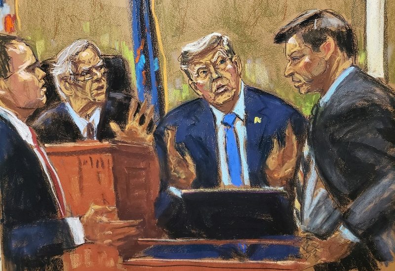 Former U.S. President Donald Trump is questioned by Kevin Wallace of the New York Attorney General's Office as defense lawyer Christopher Kise objects, during the Trump Organization civil fraud trial before Judge Arthur Engoron in New York State Supreme Court in the Manhattan borough of New York City, U.S., November 6, 2023 in this courtroom sketch. REUTERS/Jane Rosenberg