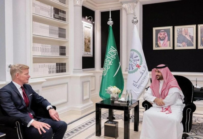 Saudi Defense Minister Prince Khalid bin Salman welcomes UN Special Envoy for Yemen Hans Grundberg in Riyadh. (SPA)