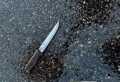 A knife found at the scene lies on pavement after a man, who was later shot dead by police, killed four members of his extended family, including two children, and stabbed two police officers at a home in the Queens borough of New York City, U.S. December 3, 2023. NYPD/Handout via REUTERS