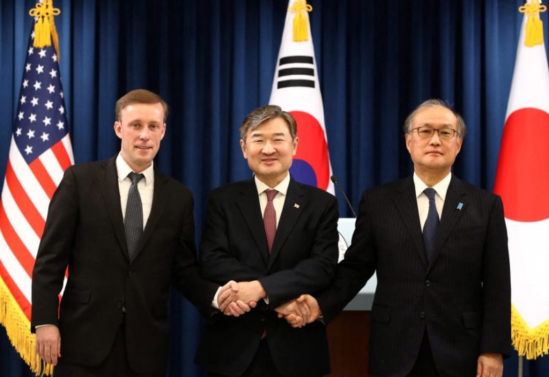 South Korea's National Security Adviser Cho Tae-yong shakes hands with U.S. National Security Advisor Jake Sullivan and Japan's National Security Secretariat Secretary-General Takeo Akiba after their joint press conference at the presidential office, in Seoul, South Korea on December 09, 2023. Chung Sung-Jun/Pool via REUTERS