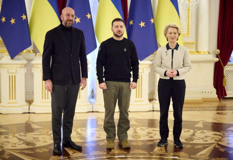 Ukraine's President Volodymyr Zelenskiy, European Commission President Ursula von der Leyen and European Council President Charles Michel pose for a picture during a European Union (EU) summit, as Russia's attack on Ukraine continues, in Kyiv, Ukraine February 3, 2023. Ukrainian Presidential Press Service/Handout via REUTERS/File Photo