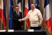French Minister for the Armed Forces Sebastien Lecornu shakes hands with Philippine Secretary of National Defense Gilberto Teodoro during a joint press conference at a hotel in Manila, Philippines, December 2, 2023. Ted Aljibe/Pool via REUTERS