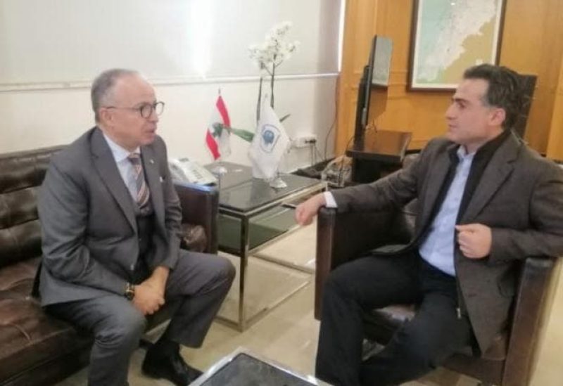 Caretaker Minister of Public Works Ali Hamieh meets with the Algerian Ambassador to Lebanon Rachid Belbaki