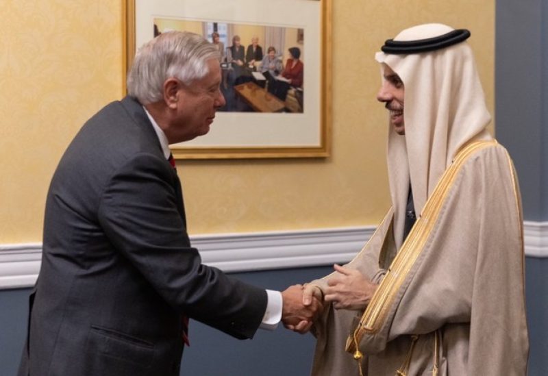 Lindsey Graham shakes hands with Prince Faisal. (KSAMOFA)