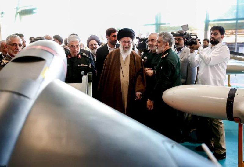 Iranian Supreme Leader Ali Khamenei listens to commander of the missile unit in the Revolutionary Guard, Amir Ali Hajizadeh, near a model of the Shahid 147 (Iranian Supreme leader official Website)