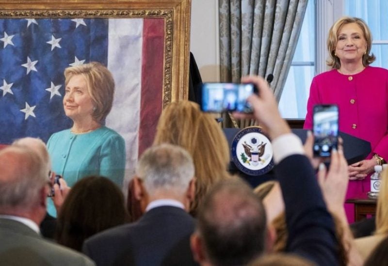 Former Secretary of State Hillary Rodham Clinton reacts as her portrait is unveiled, during a ceremony, Tuesday, Sept. 26, 2023, at the State Department in Washington. (AP Photo/Jacquelyn Martin)