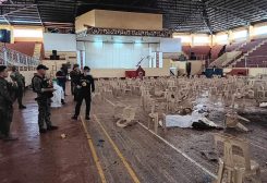 SENSITIVE MATERIAL. THIS IMAGE MAY OFFEND OR DISTURB Law enforcement officers investigate the scene of an explosion that occurred during a Catholic Mass in a gymnasium at Mindanao State University in Marawi, Philippines, December 3, 2023. Lanao Del Sur Provincial Government/Handout via REUTERS THIS IMAGE HAS BEEN SUPPLIED BY A THIRD PARTY. MANDATORY CREDIT. NO RESALES. NO ARCHIVES