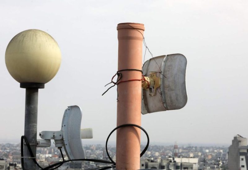 A view of the communication antennas on the roofs of buildings in Rafah, Gaza on October 28, 2023 as Israeli attacks continue on Gaza. Telephone and internet lines were cut off as a result of the Israeli army's air, sea and land attacks on the Gaza Strip. Photo by Anadolu Images