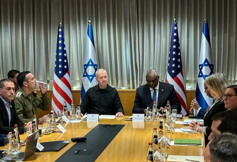 U.S. Secretary of Defense Lloyd Austin and Israeli Defense Minister Yoav Gallant meet, amid the ongoing conflict between Israel and the Palestinian Islamist group Hamas, in Tel Aviv, Israel December 18, 2023. REUTERS