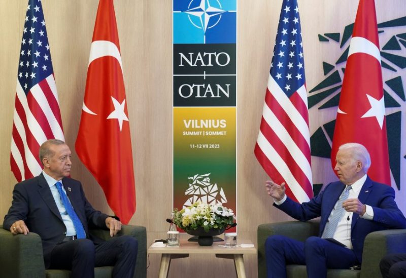 U.S. President Joe Biden meets with Turkish President Tayyip Erdogan at the NATO summit in Vilnius, Lithuania, July 11, 2023. REUTERS/Kevin Lamarque/File Photo