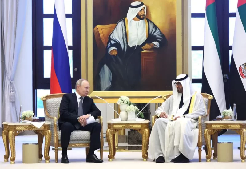 President of the United Arab Emirates Sheikh Mohamed bin Zayed Al Nahyan and Russian President Vladimir Putin attend a meeting at Qasr Al Watan in Abu Dhabi, United Arab Emirates December 6, 2023