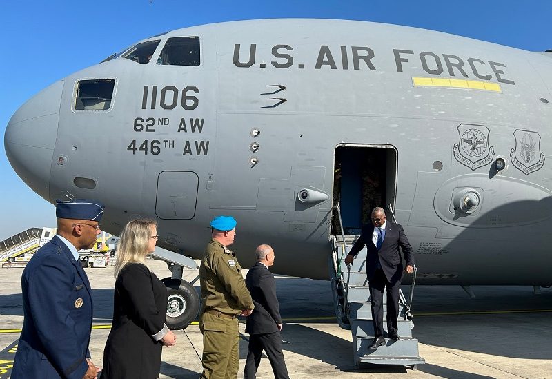 U.S. Secretary of Defense Lloyd Austin disembarks from an aircraft as he arrives for an official visit to Israel, amid the ongoing conflict between Israel and the Palestinian Islamist group Hamas, at Ben Gurion International Airport, in Lod, Israel December 18, 2023. REUTERS/Phil Stewart