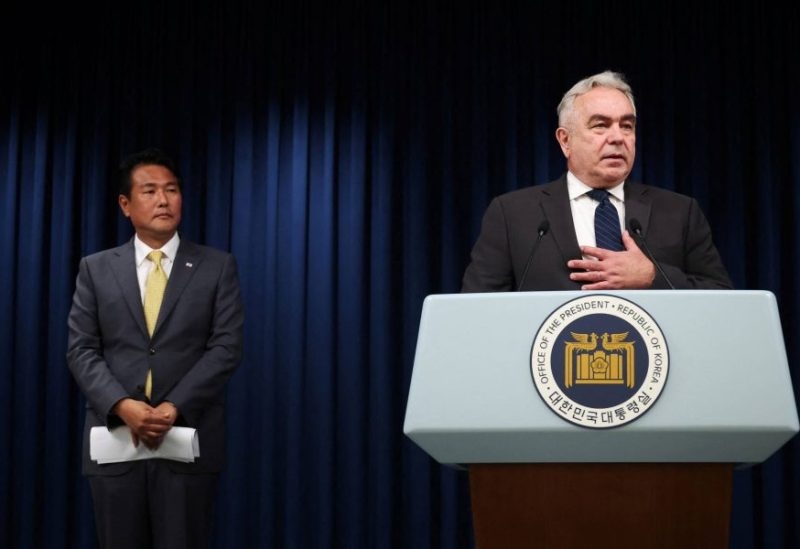 U.S. National Security Council Coordinator for Indo-Pacific Affairs Kurt Campbell speaks as principal deputy national security adviser Kim Tae-hyo looks on during a news conference at the Presidential Office in Seoul on Tuesday. | POOL / VIA REUTERS